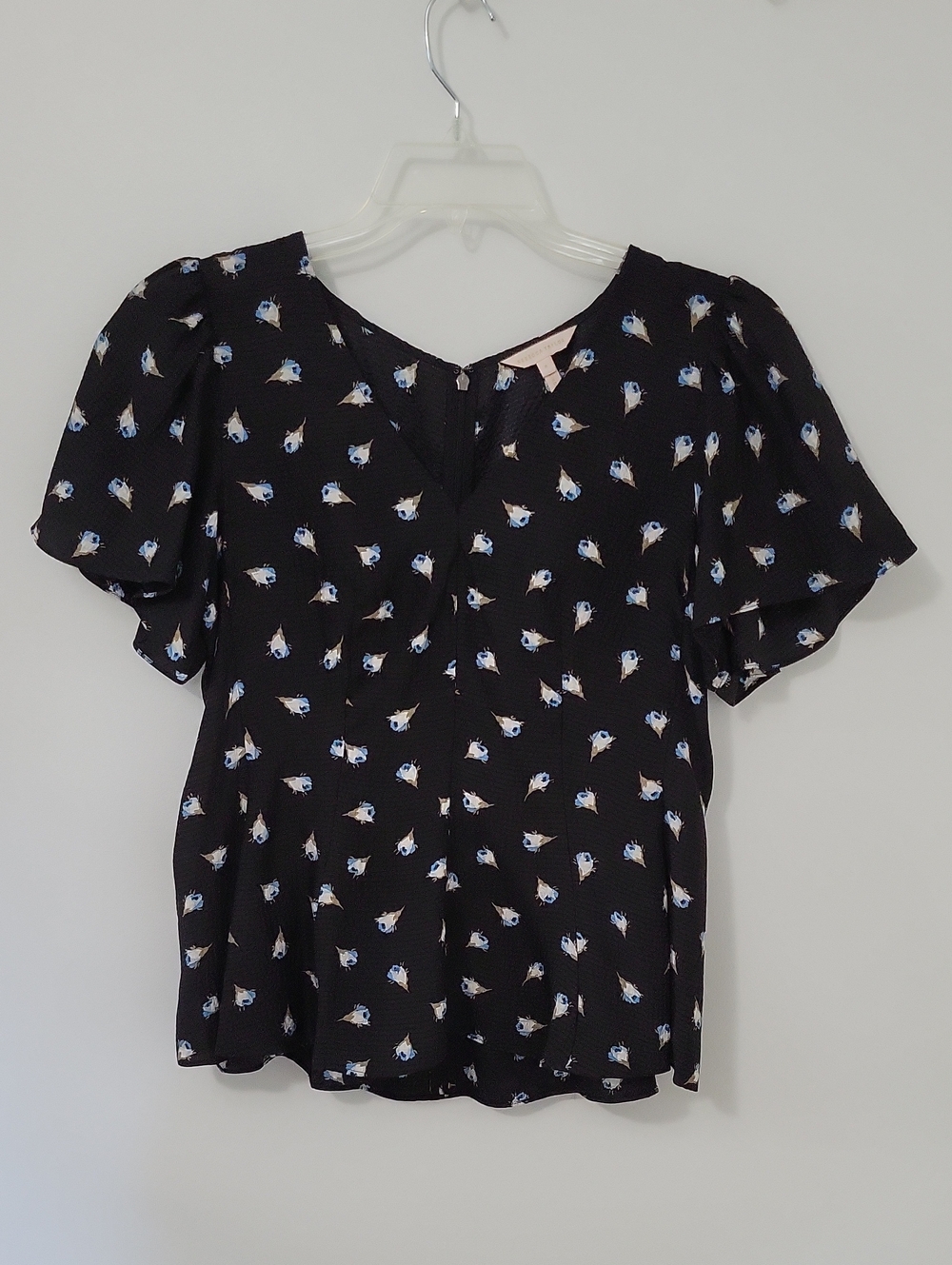 Rebecca Taylor Black Floral Silk Flutter-Sleeve Blouse, Size 8